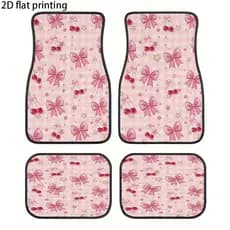 Tapete de pés de carro de 4 unidades, padrão xadrez de estrela cereja com laço rosa, tapete universal de carro, fácil de