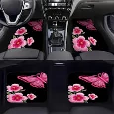 Conjunto de 4 peças de tapetes para pés de carro, padrões de borboleta rosa e flores, adequados para caminhões pequenos