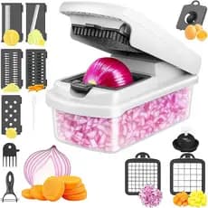 Conjunto 15 em 1 de Picador de Vegetais e Fatiador Mandoline com Recipiente - Picador de Vegetais Multifuncional com Lâm