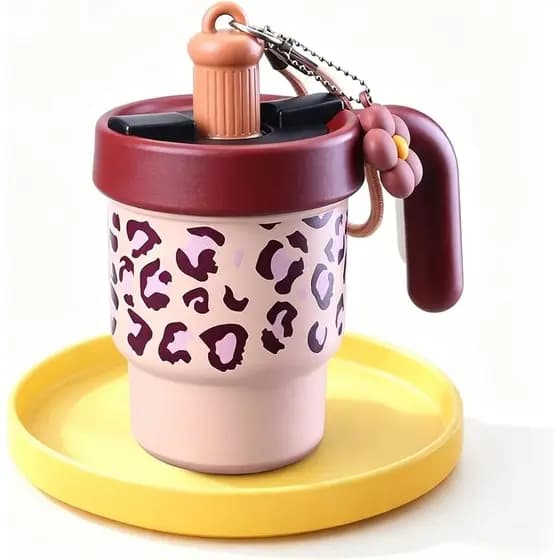 Copo Térmico de Aço Inoxidável com Tampa e Canudo, Caneca de Viagem com Estampa de Leopardo, Garrafa de Água, Bebidas Qu