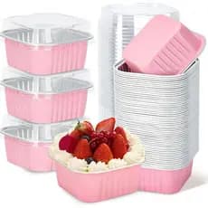 Pacote com 30 Assadeiras de Alumínio Rosa de 5oz com Tampas Plásticas, Recipientes Descartáveis para Sobremesas Individu