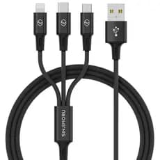Cabo De Carregamento Múltiplo Triplo 3 Em 1 (1.7 M)-Carga Simultânea Para Dados De Tecido USB-C/8 Pinos/5 (Preto)
