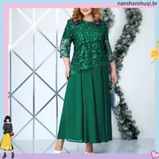 Vestido Longo Plus Size Chiffon Bordado Floral Renda Maxi Elegante Manga Redonda 3/4