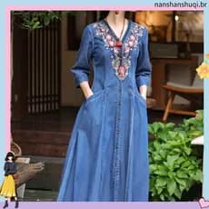 2024 Outono Estilo Étnico Vestido Feminino Bordado Com Temperamento Decote Em V , Ajuste Fino E Saia Jeans Longa Emagrec