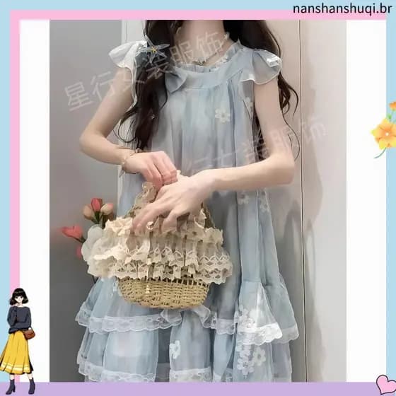2025 novo estilo Floral tule vestido feminino verão pequeno temperamento princesa saia curta estilo azul saia
