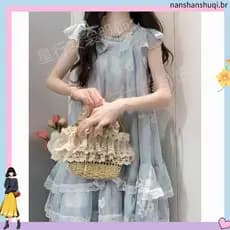 2025 novo estilo Floral tule vestido feminino verão pequeno temperamento princesa saia curta estilo azul saia