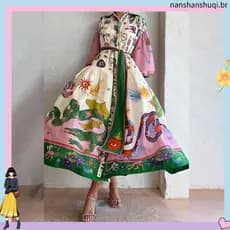 Vestido CSA Estampado De Manga Comprida Com Temperamento Elegante Estampa Étnica Boho Sob Medida Socia l Office (24761)