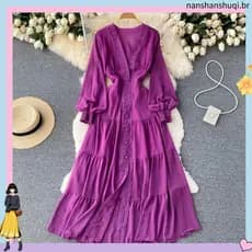 Elegante Feminino Vintage Praia Festa Estilo Outono Nova Renda Com Decote Em V Cintura Alta Magro A Linha Um Tamanho