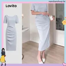 Vestido Elegante Liso Plissado Para Mulheres L131ED 068