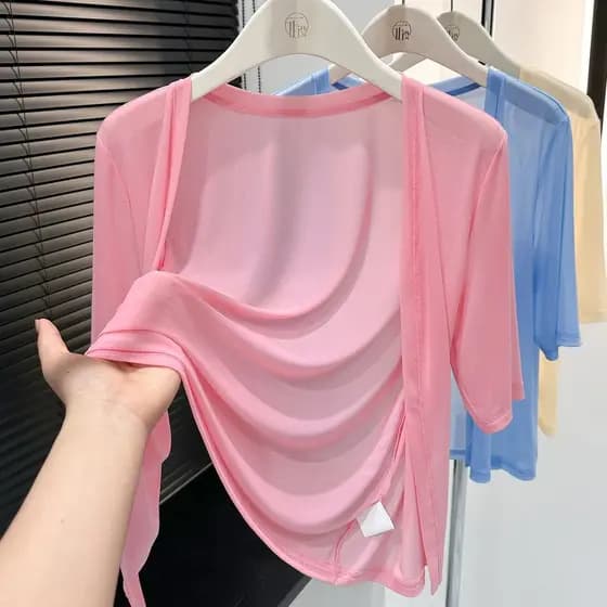 2026 Novo produto malha fina manga média protetor solar Cardigan feminino verão saia combinando roupa à beira-mar praia