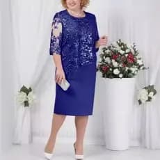 2026 novo produto Plus Size roupas femininas em torno do pescoço azul renda costura falso manga de dois pontos vestido j