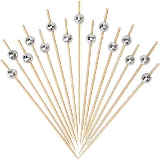 Palitos de Coquetel Minisland Silver Disco Ball, Palitos Decorativos de Bambu de 4,7 Polegadas de Comprimento para Aperi