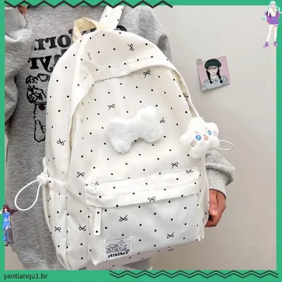 Mochila escolar júnior meninas do ensino médio coração atmosfera bolinhas arco All-Match feminino de alto valor Stu