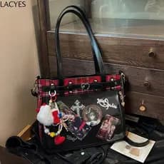 LACYES Cartoon Anime Itabag , Y2K Lattice JK Crossbody Bag , Kawaii Spicy Girl Bolsa De Ombro Transparente Japonesa