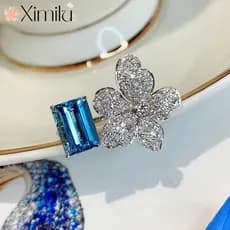 ♥ Original de luxo luz francesa luxo High-End colorido safira anel feminino cinco pétalas nicho jóias simples