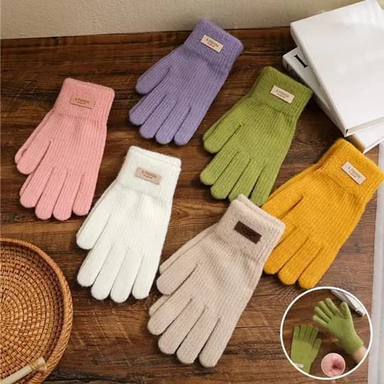 Moda Inverno Luvas Quentes Mulheres De Tela Sensível Ao Toque Buracos De Dedo Cor Sólida Malha Interior Pelúcia