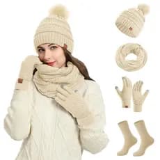 Chapéu De Malha Cachecol Conjunto Feminino Boné Bib Luvas Meias 4 Peça Cor Sólida Outono Inverno Quente Gorro Ternos