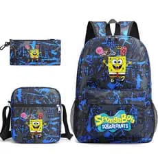 Potdemiel Bob Esponja Calça Quadrada Bolsa Escolar Mochila Lancheira Estojo de Lápis Conjunto de Três Peças 003