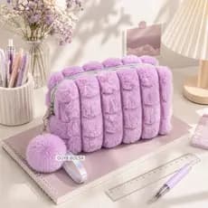 Necessaire de Pelúcia Feminina com Pompom Bolsa de Maquiagem Grande Capacidade
