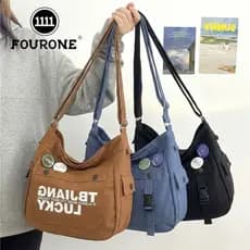 Bolsa Tote Feminina Lona Grande Transversal Ombro Casual Moda Coreana Faculdade Espaçosa com Letras