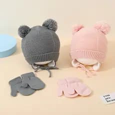 Bonito De Malha Pompom Chapéu Do Bebê Grosso Quente Menina Menino Gorro Inverno Orelha Boné Conjunto Crianças Luvas Chap