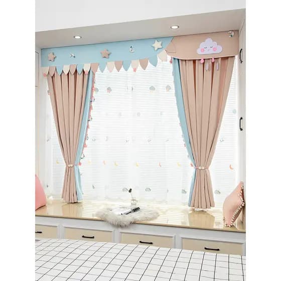 Cortina de quarto infantil menina rosa estrela lua nuvem infantil Blackout completo Bay janela cortina curta cortina cab