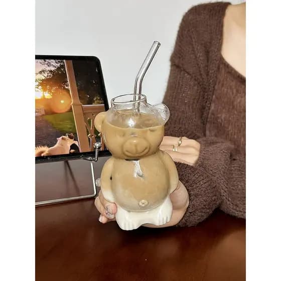 Ins influenciador restaurante urso copo de café bonito dos desenhos animados copo de vidro criativo copo de água suco le