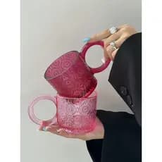 Copo de água de vidro vermelho com orelhas grandes estilo retrô em relevo com alça caneca Design nicho xícara de café