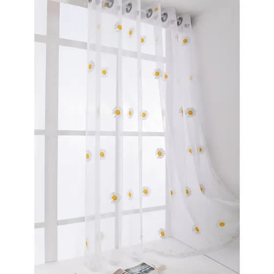 Cortina de gaze com margaridas frescas, cortina de gaze branca, estilo nórdico, sala de estar, quarto, varanda, acabamen