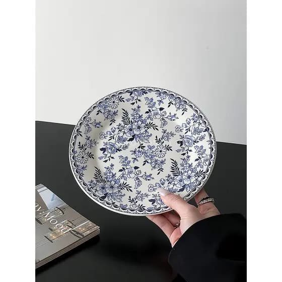 Retro azul branco cerâmica utensílios de mesa estilo ins prato de bolo britânico prato de sobremesa de alto valor prato