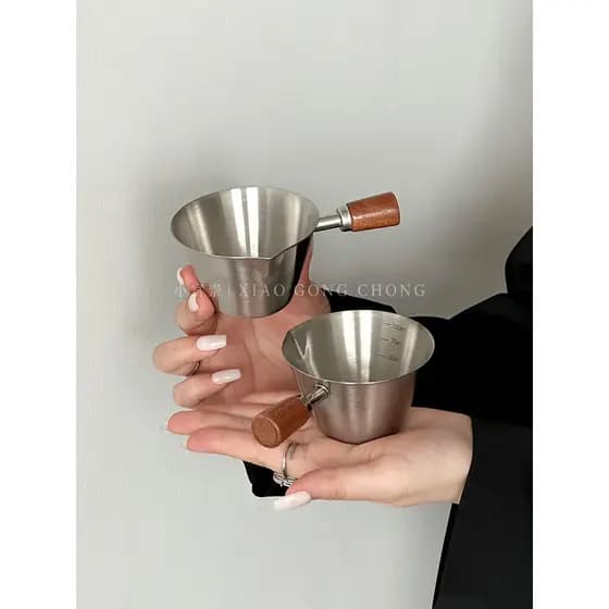 Copo medidor de café expresso com alça de nogueira, aço inoxidável com alça com copo de extração de escala, copo pequeno