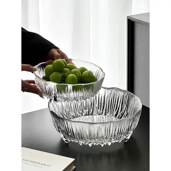 Prato de frutas de vidro glaciar estilo luxuoso leve, grande capacidade, sala de estar doméstica, salada de frutas, tige