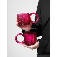 Nicho Design anel de vidro com alça rosa vermelho gravado alta aparência caneca de orelha grande bebida fria gelo estilo