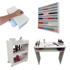 Kit Mesa de Manicure com Carrinho Auxiliar + Expositor de Esmaltes + Apoio de Punho Branco