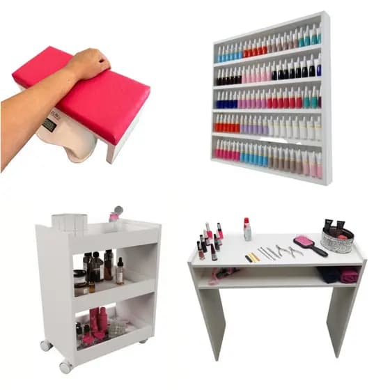 Kit Mesinha Manicure + Carrinho auxiliar + Expositor de Esmaltes + Apoio de punho Rosa