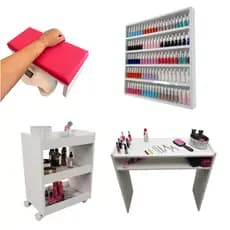 Kit Mesinha Manicure + Carrinho auxiliar + Expositor de Esmaltes + Apoio de punho Rosa