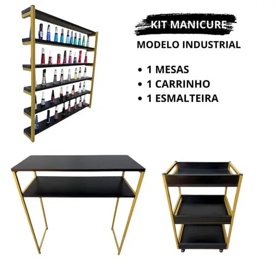Kit Manicure Completo – Mesa + Carrinho Auxiliar + Expositor Industrial Preto