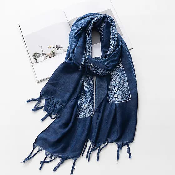 Cachecol feminino primavera outono algodão fino misturado Tie-dye imitação azul corante Batik lembrança de viagem literá