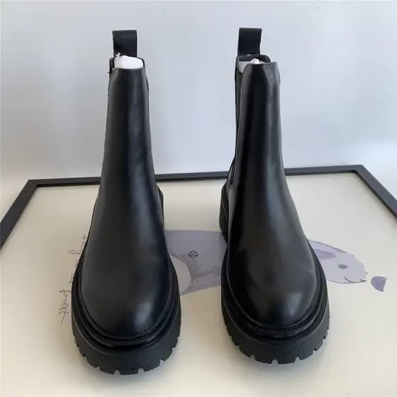 Chelsea botas cem ~ T camada superior de couro salto baixo plana dedo do pé redondo botas de chaminé botas femininas bot