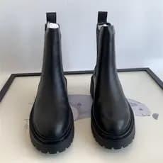 Chelsea botas cem ~ T camada superior de couro salto baixo plana dedo do pé redondo botas de chaminé botas femininas bot