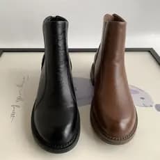 Chelsea botas cem ~ T camada superior pele de carneiro salto baixo plana dedo do pé redondo botas de cigarro botas finas