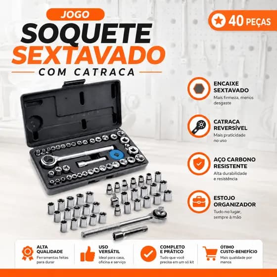 Jogo de Soquete 40 Peças Com Catraca Reversível Kit Ferramentas Profissional