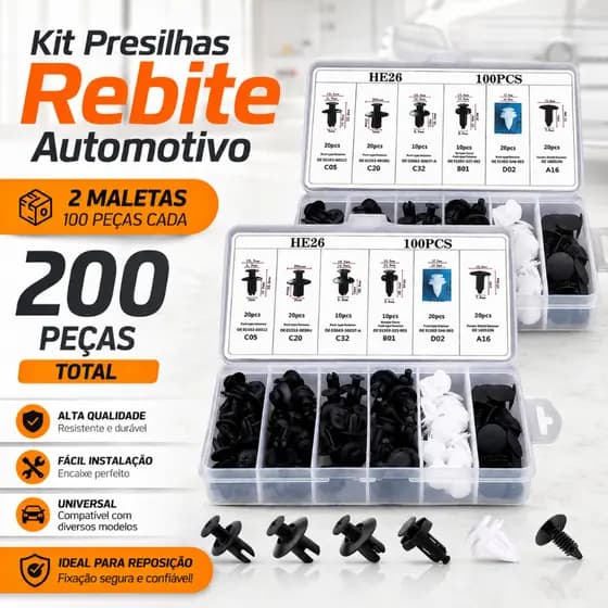 Kit 200 Peças Presilhas Rebites Grampo Fixador Revestimento Interno Externo Clipe Automotivo Reparo
