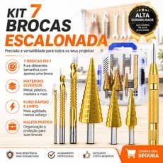 Kit 7 Brocas Escalonadas Aço 4 a 32mm Para Metal Inox Alumínio Marcador Estojo Organizador