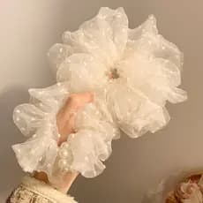 Francês romântico bege gaze bolinhas Scrunchy laço de cabelo feminino High-End estilo preguiçoso cocar grande cabeça cor