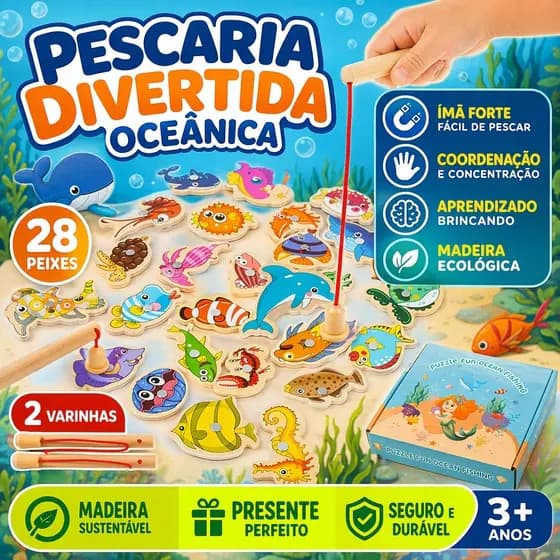 Jogo de Pesca Magnética Montessori 28 Peças em Madeira para Crianças Desenvolver Coordenação e Foco
