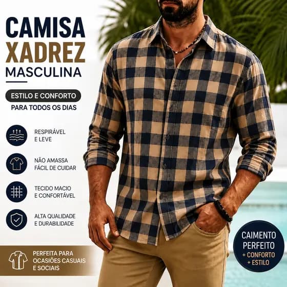 Camisa Xadrez Masculina Manga Longa Não Amassa Casual Social Confortável Importada