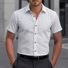 Camisa Social Listrada Manga Curta Confortável Tecido Leve Premium