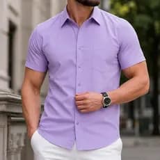 Camisa Social Slim Fit Masculina Manga Curta Lisa Com Bolso
