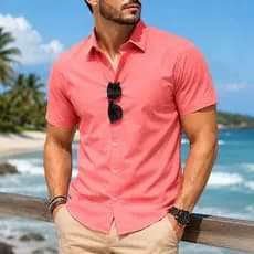 Camisa Masculina Social Manga Curta Slim Fit Elegante Casual Praia Verão Premium